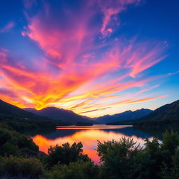 Create a vibrant and colorful image of a serene landscape featuring a beautiful sunset over a calm lake surrounded by lush greenery and mountains in the background