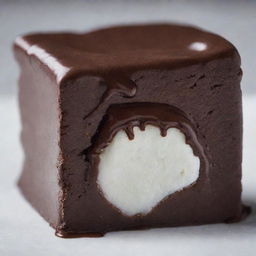 A close-up view of a dark chocolate marshmallow slowly melting, revealing a gooey center and the rich texture