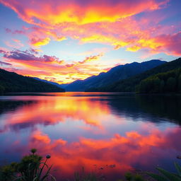 Create a vibrant and colorful image of a serene landscape featuring a beautiful sunset over a calm lake surrounded by lush greenery and mountains in the background