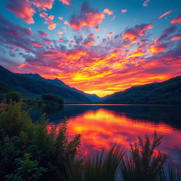 Create a vibrant and colorful image of a serene landscape featuring a beautiful sunset over a calm lake surrounded by lush greenery and mountains in the background