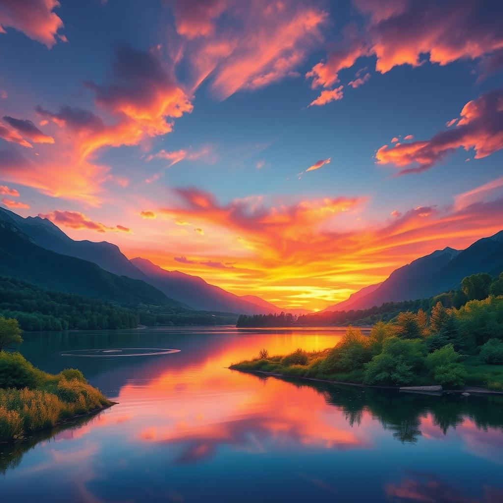 Create a vibrant and colorful image of a serene landscape featuring a beautiful sunset over a calm lake surrounded by lush greenery and mountains in the background