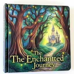 A beautifully illustrated book cover featuring a magical forest with towering ancient trees, glowing fireflies, and a mysterious path leading to an enchanted castle