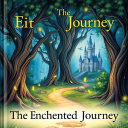 A beautifully illustrated book cover featuring a magical forest with towering ancient trees, glowing fireflies, and a mysterious path leading to an enchanted castle