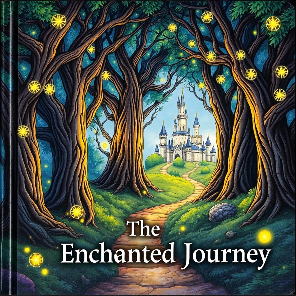 A beautifully illustrated book cover featuring a magical forest with towering ancient trees, glowing fireflies, and a mysterious path leading to an enchanted castle