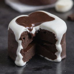 A close-up view of a dark chocolate marshmallow slowly melting, revealing a gooey center and the rich texture