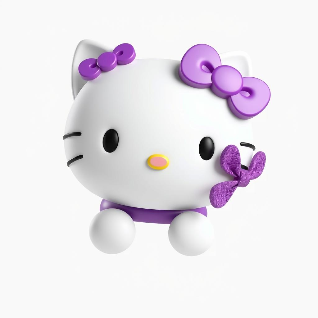 Create a 3D hyper-realistic image of Hello Kitty wearing a purple bow