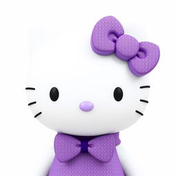 Create a 3D hyper-realistic image of Hello Kitty wearing a purple bow