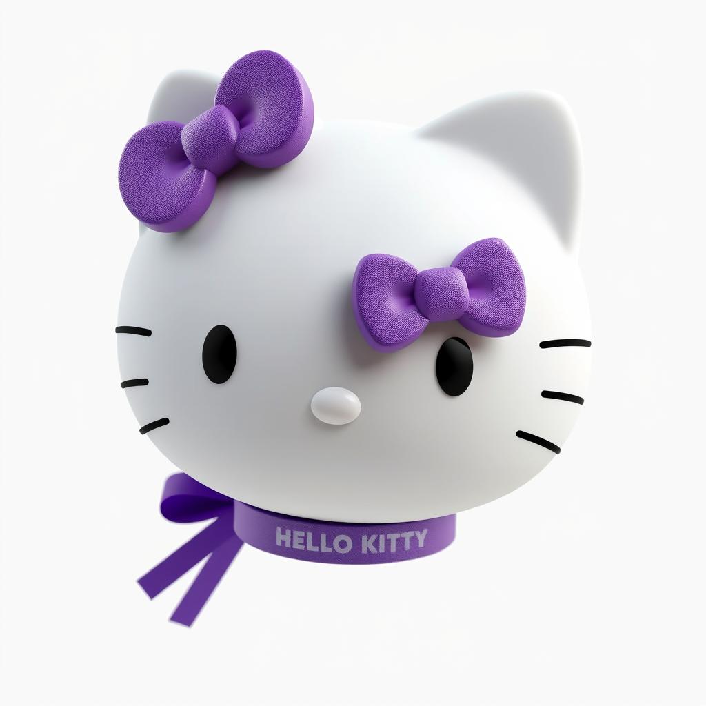 Create a 3D hyper-realistic image of Hello Kitty wearing a purple bow