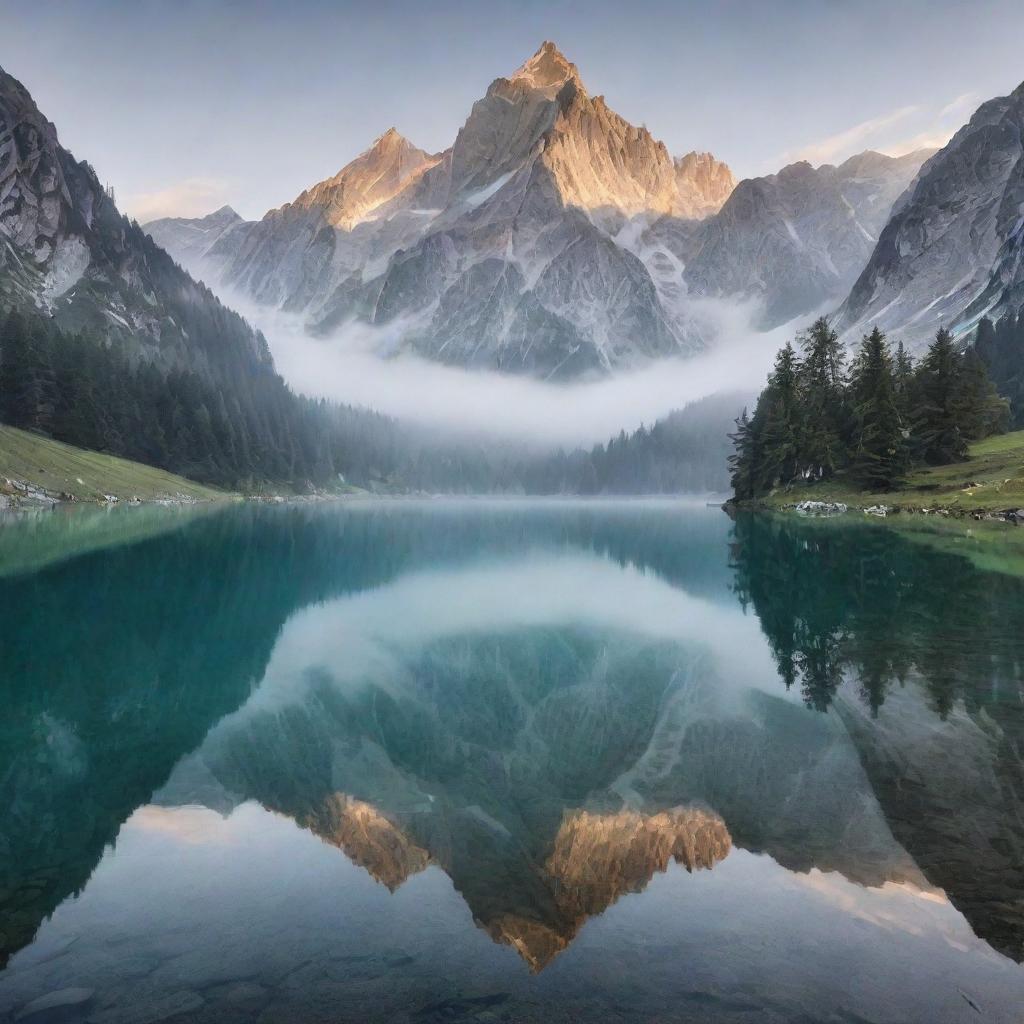 A peaceful alpine landscape with a crystal clear lake reflecting the majestic peaks shrouded in morning mist