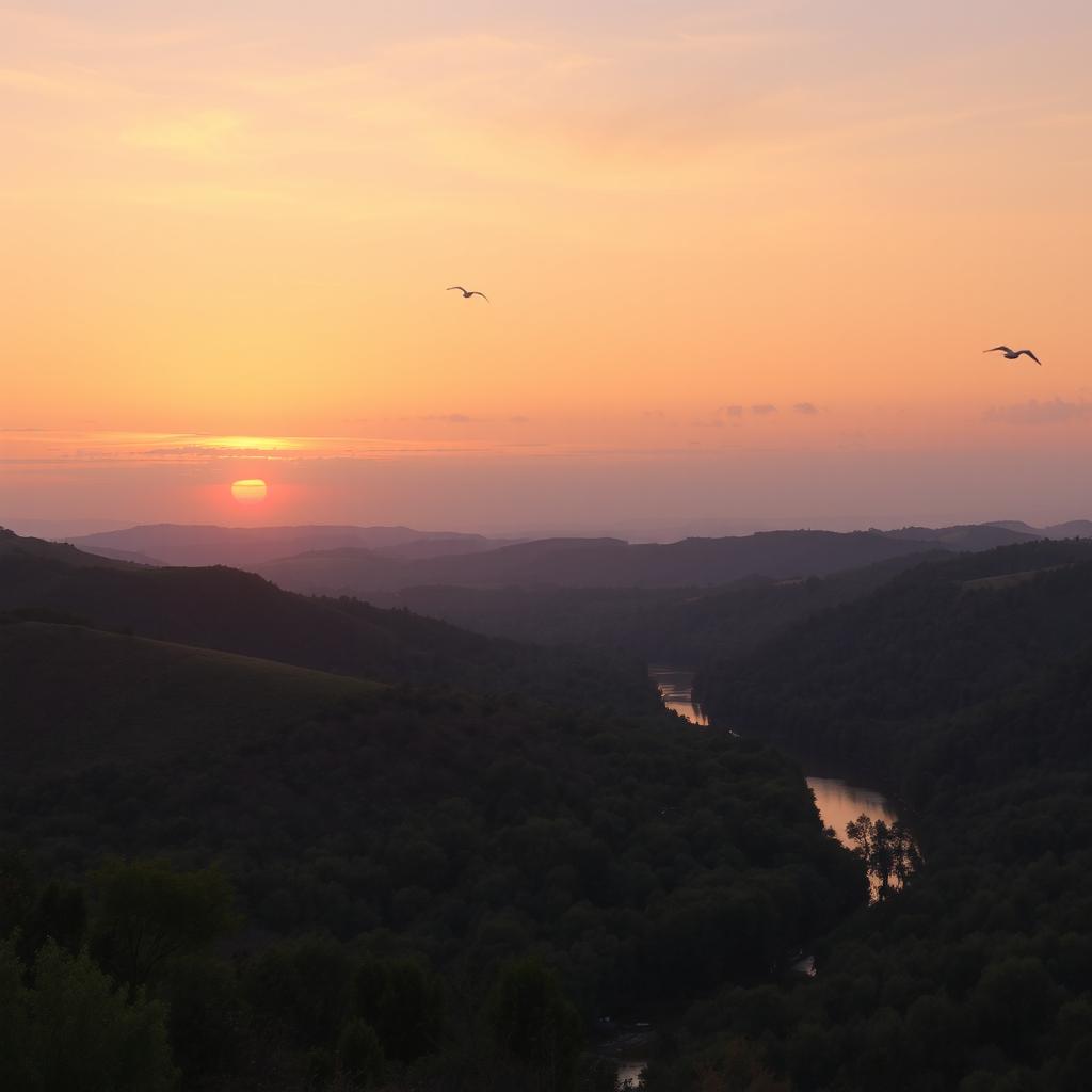 A beautiful landscape with a sunset over rolling hills and a calm river flowing through a lush forest