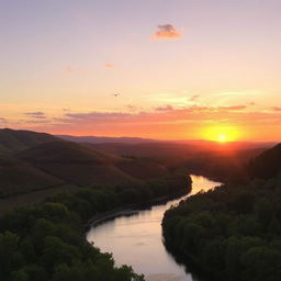 A beautiful landscape with a sunset over rolling hills and a calm river flowing through a lush forest