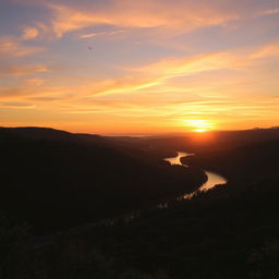 A beautiful landscape with a sunset over rolling hills and a calm river flowing through a lush forest