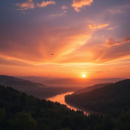 A beautiful landscape with a sunset over rolling hills and a calm river flowing through a lush forest