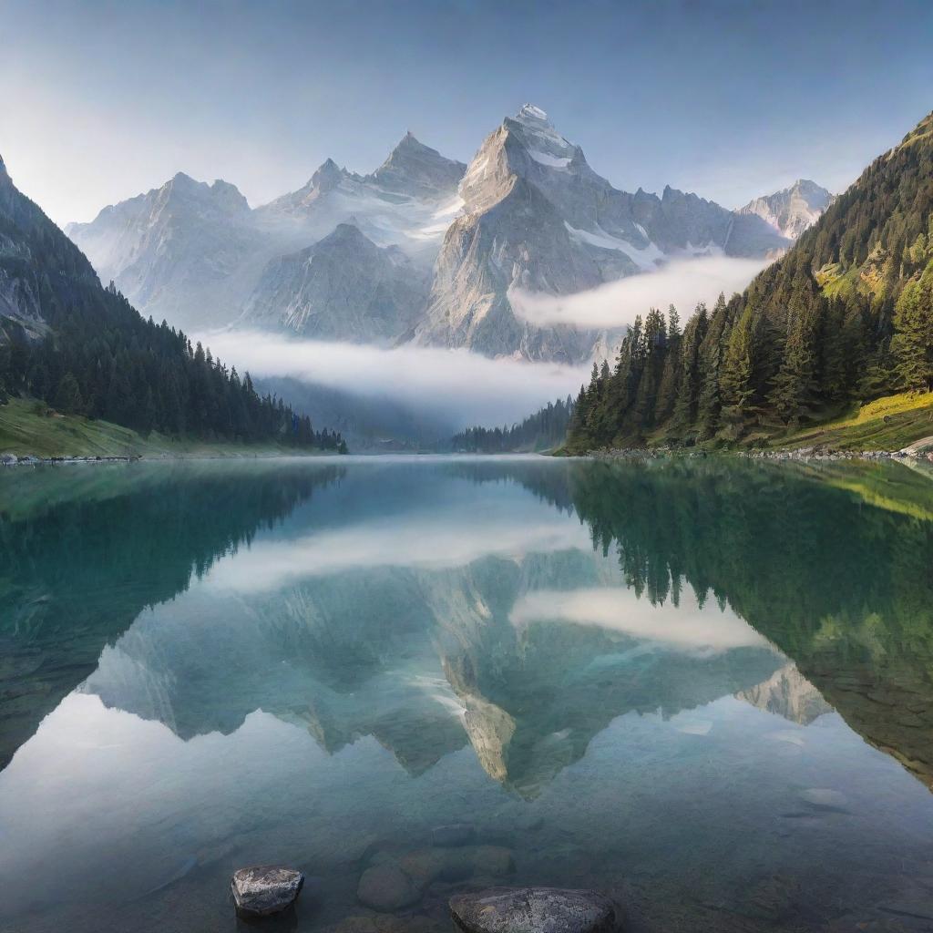 A peaceful alpine landscape with a crystal clear lake reflecting the majestic peaks shrouded in morning mist