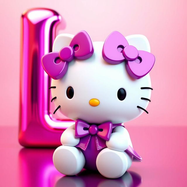 Create a 3D hyper-realistic image of Hello Kitty wearing a purple bow, sitting in front of a giant 3D letter 'L' in pink chrome