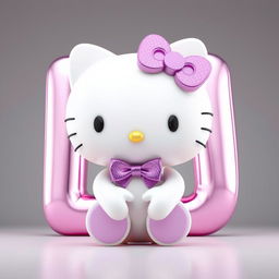 Create a 3D hyper-realistic image of Hello Kitty wearing a purple bow, sitting in front of a giant 3D letter 'L' in pink chrome