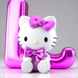 Create a 3D hyper-realistic image of Hello Kitty wearing a purple bow, sitting in front of a giant 3D letter 'L' in pink chrome