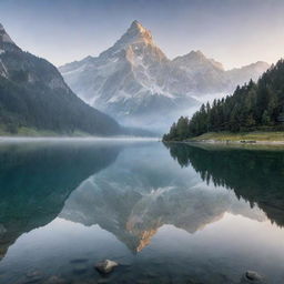 A peaceful alpine landscape with a crystal clear lake reflecting the majestic peaks shrouded in morning mist