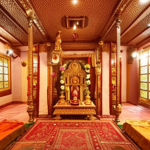 A tranquil Pooja room furnished with gleaming brass statues, carved teakwood furniture, sandalwood incense filling the air, warm glow from oil lamps illuminating ornate patterns on vibrant carpets, all under a floral ceiling.