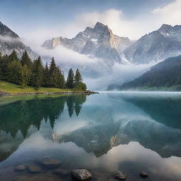 A peaceful alpine landscape with a crystal clear lake reflecting the majestic peaks shrouded in morning mist