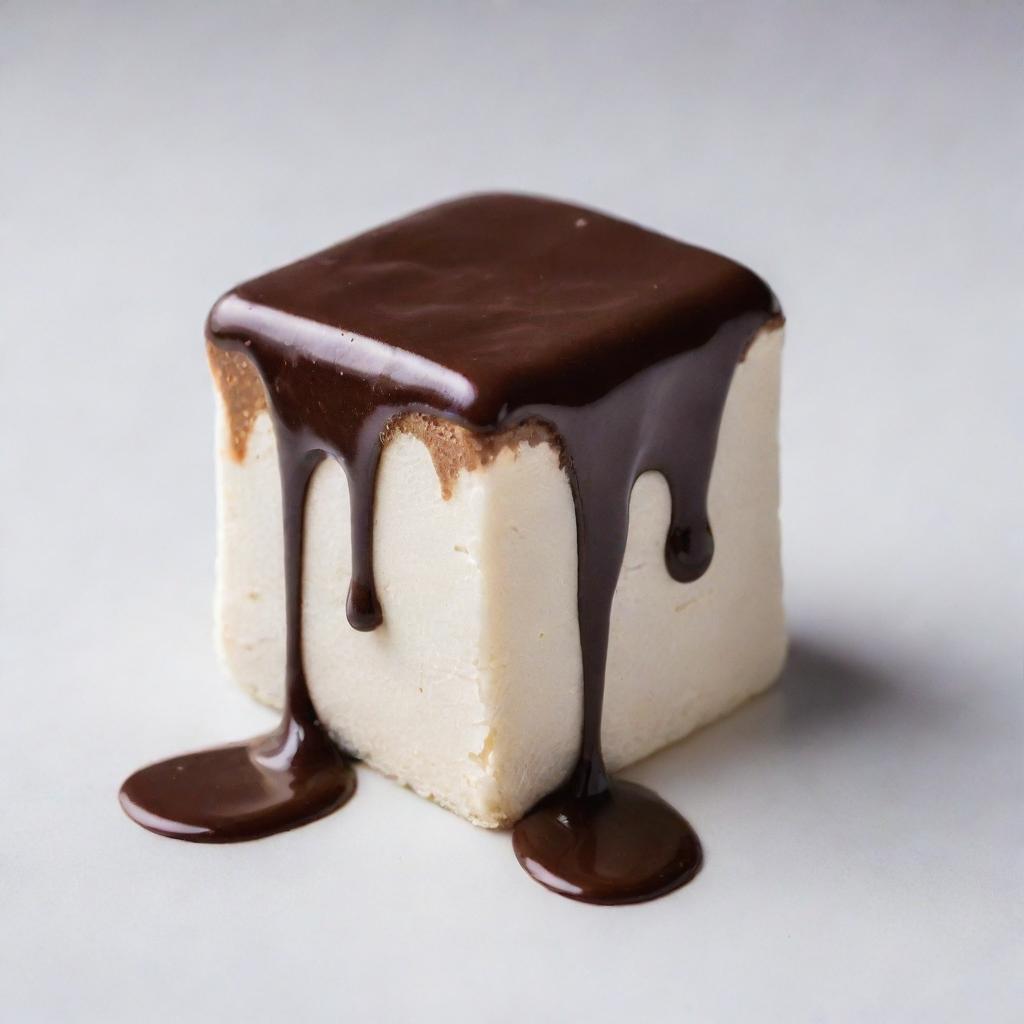 A succulent chocolate marshmallow with rich, glossy chocolate sauce dripping over its edges onto a white surface