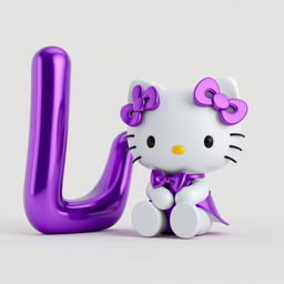 Create a 3D image of Hello Kitty wearing a purple bow, sitting in front of a giant 3D letter 'L' in purple chrome