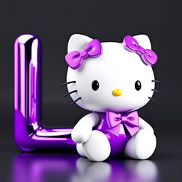 Create a 3D image of Hello Kitty wearing a purple bow, sitting in front of a giant 3D letter 'L' in purple chrome