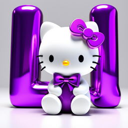 Create a 3D image of Hello Kitty wearing a purple bow, sitting in front of a giant 3D letter 'L' in purple chrome