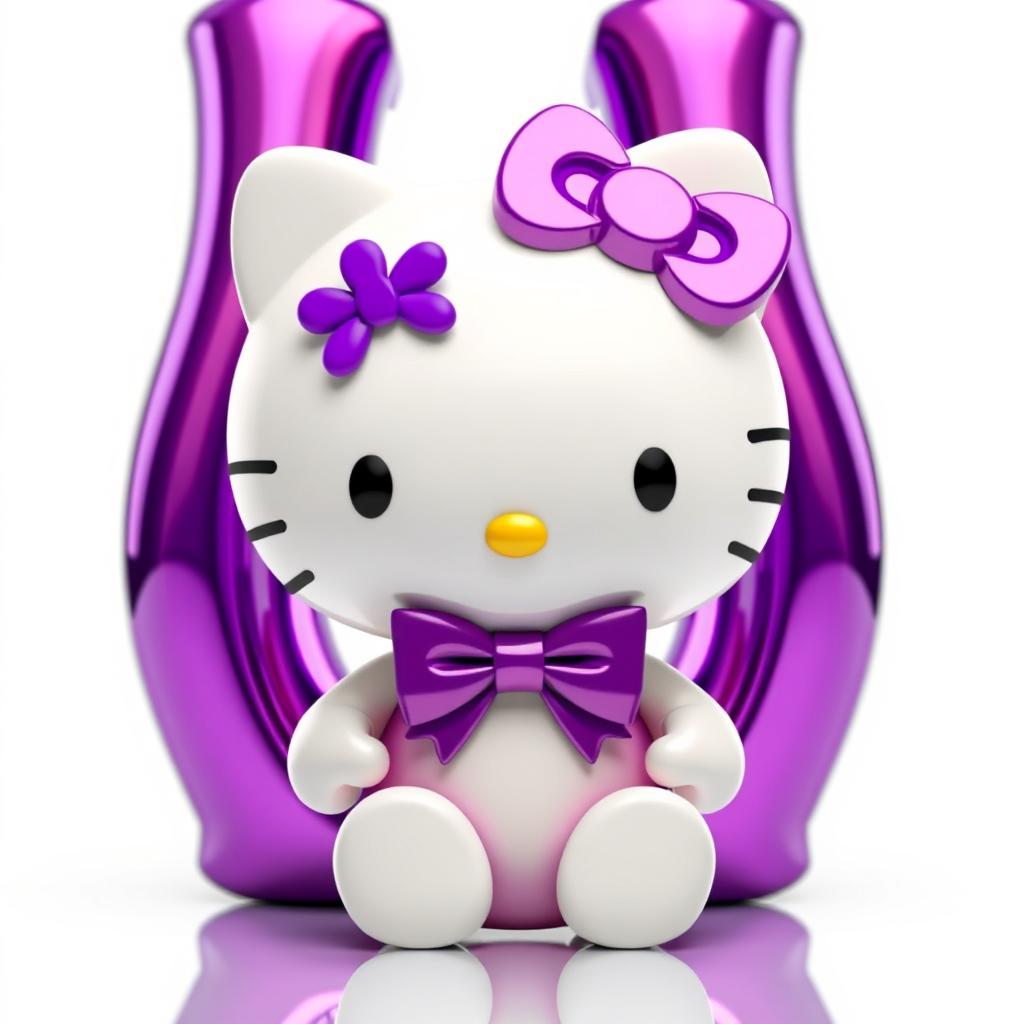 Create a 3D image of Hello Kitty wearing a purple bow, sitting in front of a giant 3D letter 'L' in purple chrome