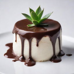 A succulent chocolate marshmallow with rich, glossy chocolate sauce dripping over its edges onto a white surface