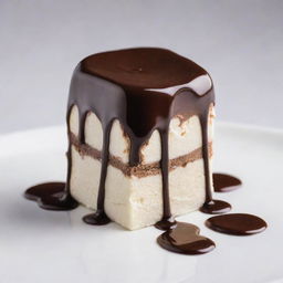 A succulent chocolate marshmallow with rich, glossy chocolate sauce dripping over its edges onto a white surface