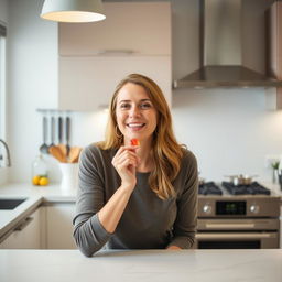 A woman is sitting behind the counter top in a kitchen, eating a gummy