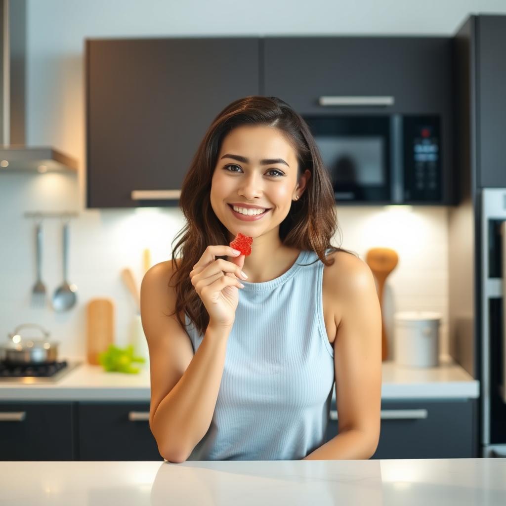 A woman is sitting behind the counter top in a kitchen, eating a gummy