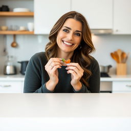 A woman is sitting behind the counter top in a kitchen, eating a gummy