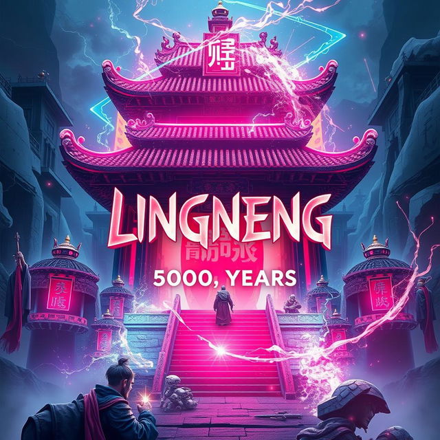 Create a book cover for 'Lingneng 5000 Years' with a cyber-xianxia style