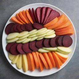 A healthy and vibrant mix of fresh apple, beetroot, and carrot, each sliced and arranged neatly side by side, showcasing the unique textures and radiant colors.