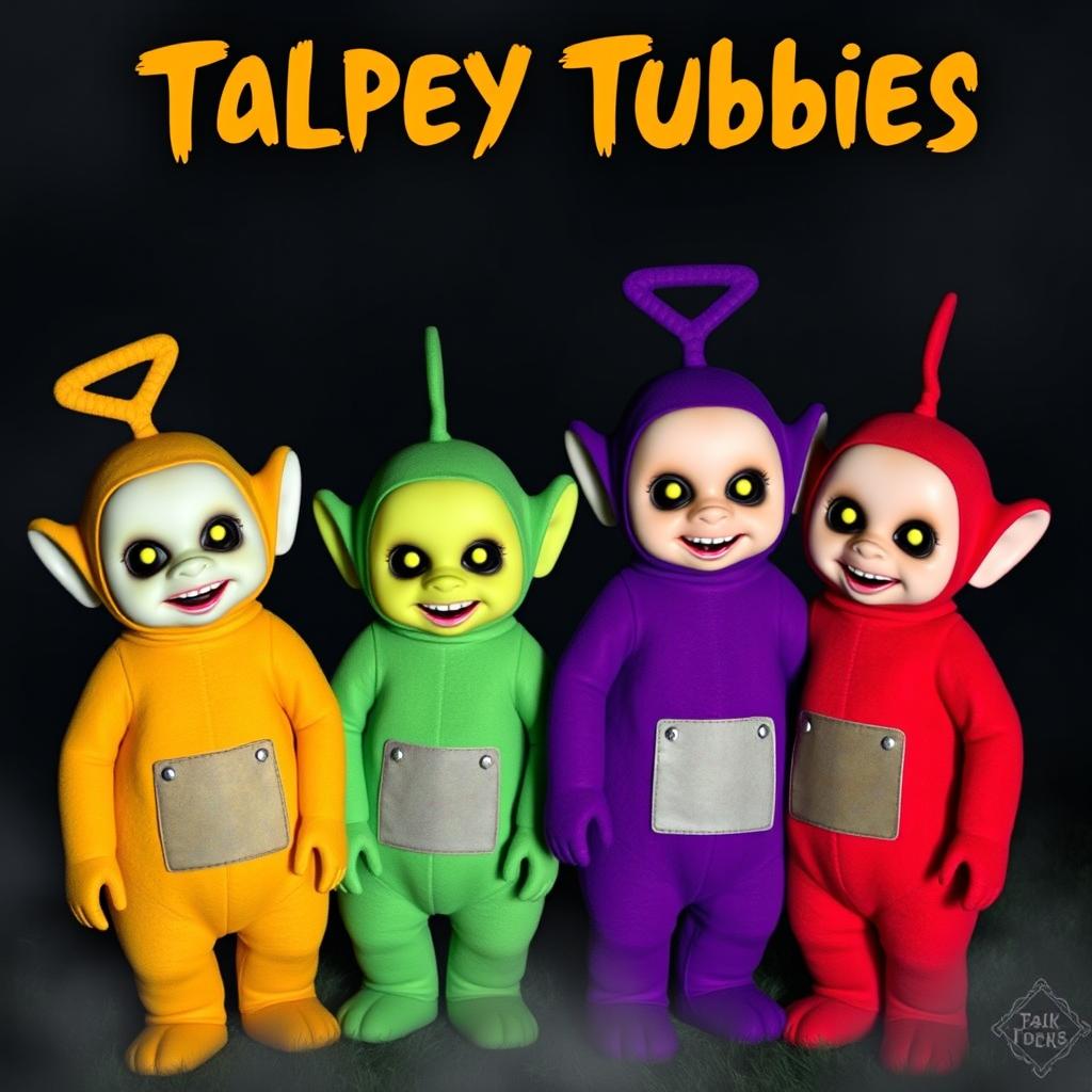 Four Teletubbies of different colors that look scary