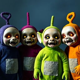 Four Teletubbies of different colors that look scary