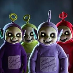 Four Teletubbies of different colors that look scary