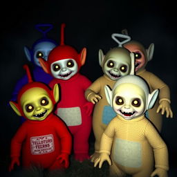 Four Teletubbies of different colors that look scary