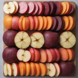 A healthy and vibrant mix of fresh apple, beetroot, and carrot, each sliced and arranged neatly side by side, showcasing the unique textures and radiant colors.