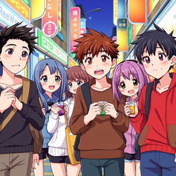 Create a vibrant and colorful anime scene featuring a group of friends in a lively urban setting