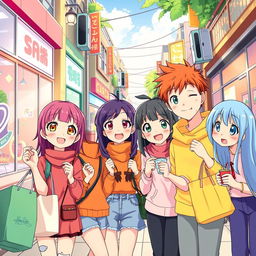 Create a vibrant and colorful anime scene featuring a group of friends in a lively urban setting