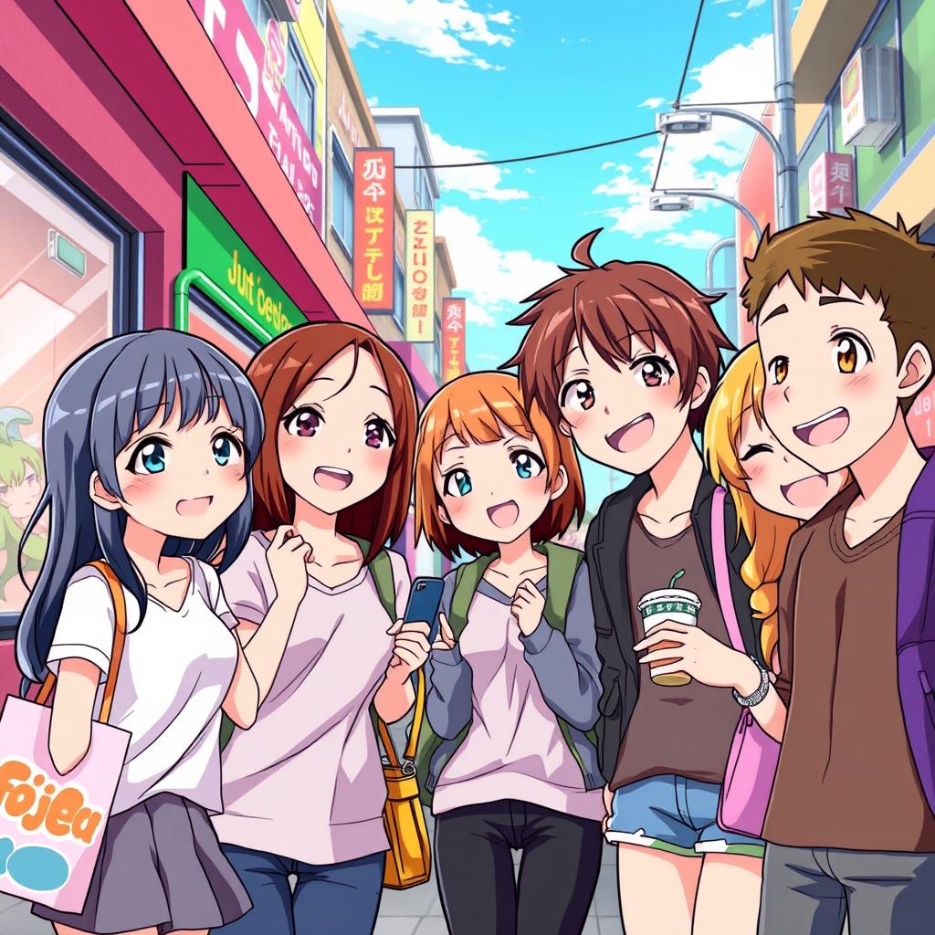 Create a vibrant and colorful anime scene featuring a group of friends in a lively urban setting