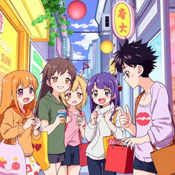 Create a vibrant and colorful anime scene featuring a group of friends in a lively urban setting