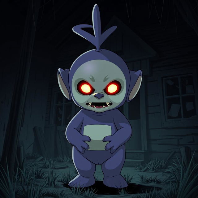 An anime-style Teletubby that looks scary, standing in an abandoned house in the dark