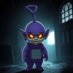 An anime-style Teletubby that looks scary, standing in an abandoned house in the dark