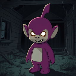 An anime-style Teletubby that looks scary, standing in an abandoned house in the dark