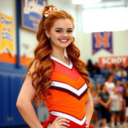 A beautiful redhead cheerleader in a vibrant cheerleading outfit, posing confidently with a bright smile