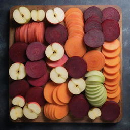 A healthy and vibrant mix of fresh apple, beetroot, and carrot, each sliced and arranged neatly side by side, showcasing the unique textures and radiant colors.